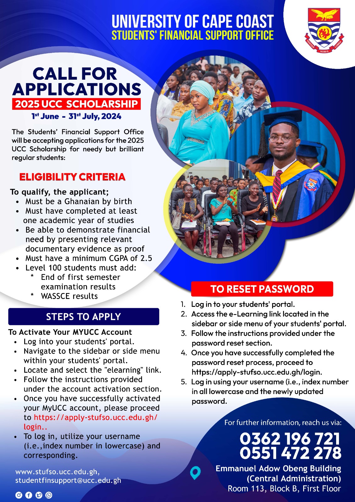 2025 UCC Scholarship application period for needy but brilliant students, running from 1st June to 31st July 2024